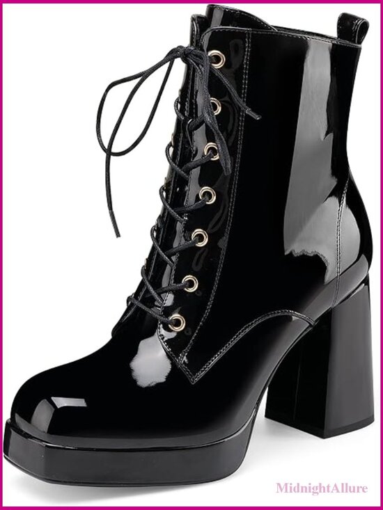 Shoes - Women's Platform Ankle Boots Chunky Heel Lace Up Square Toe Patent Leather